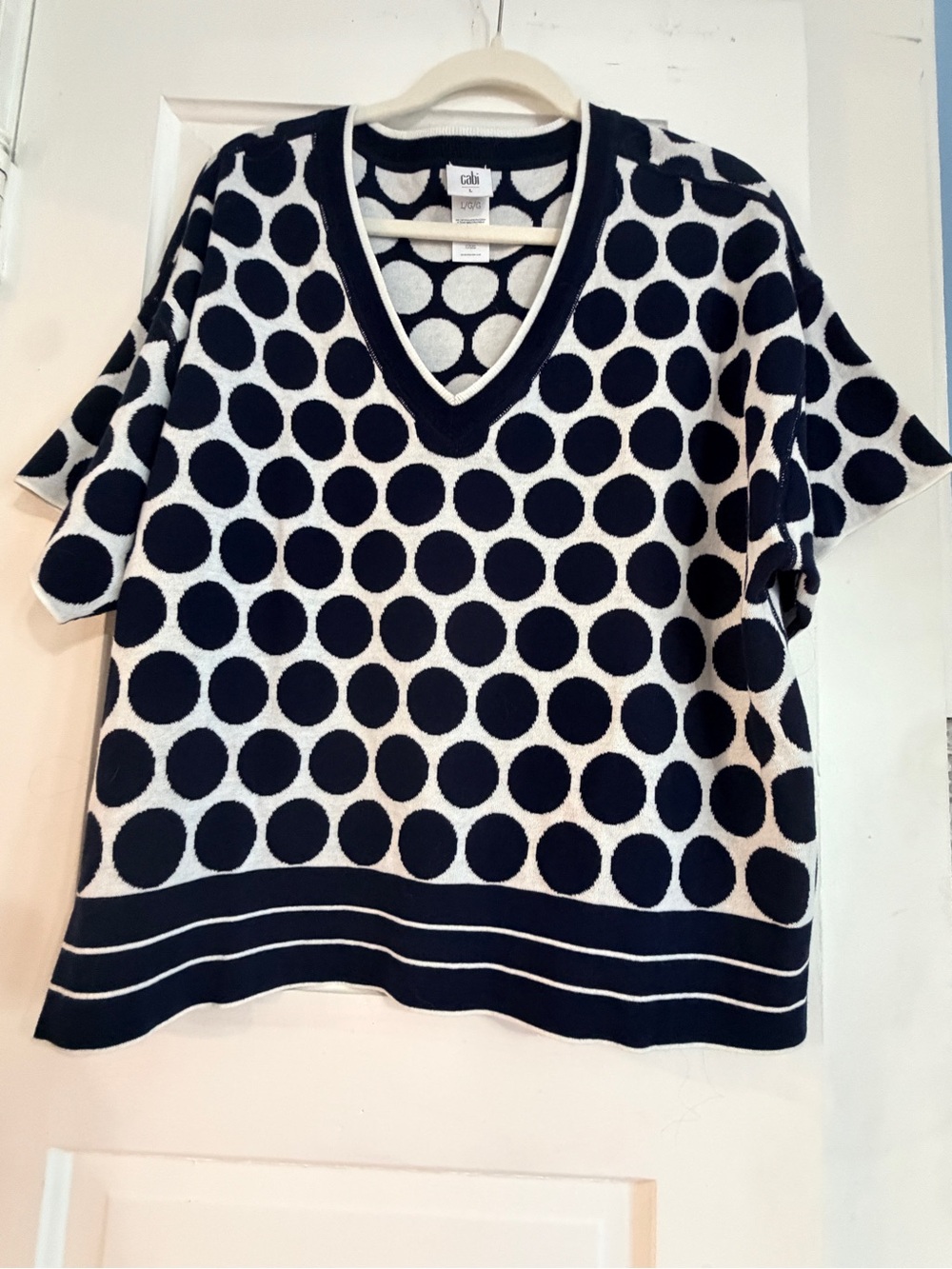 CAbi Navy and White Polka Dot V-Neck Volley Knit Top